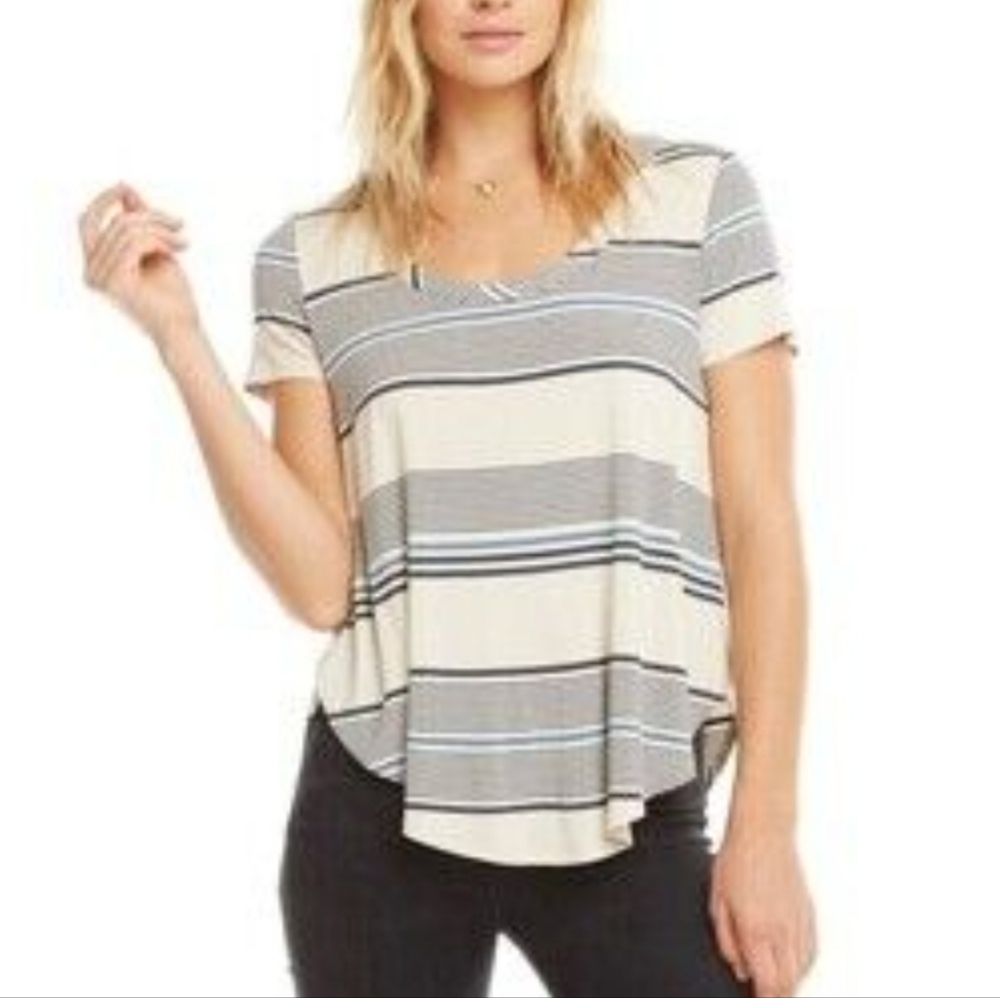 CHASER Striped Split Side Tulip Hem Top Blue & Cream